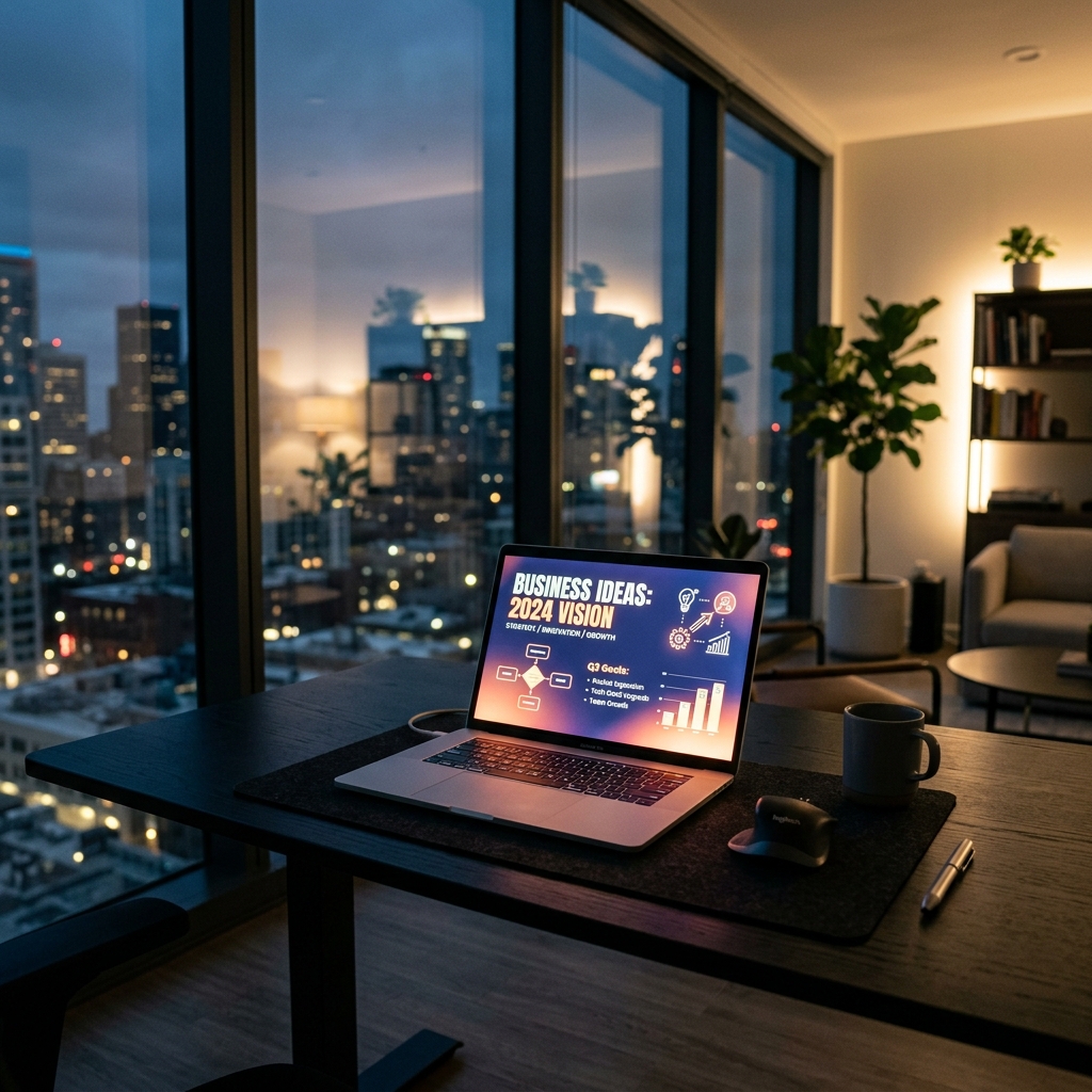 A modern minimalist office workspace with a glowing laptop showing business analytics, cinematic lighting, no people