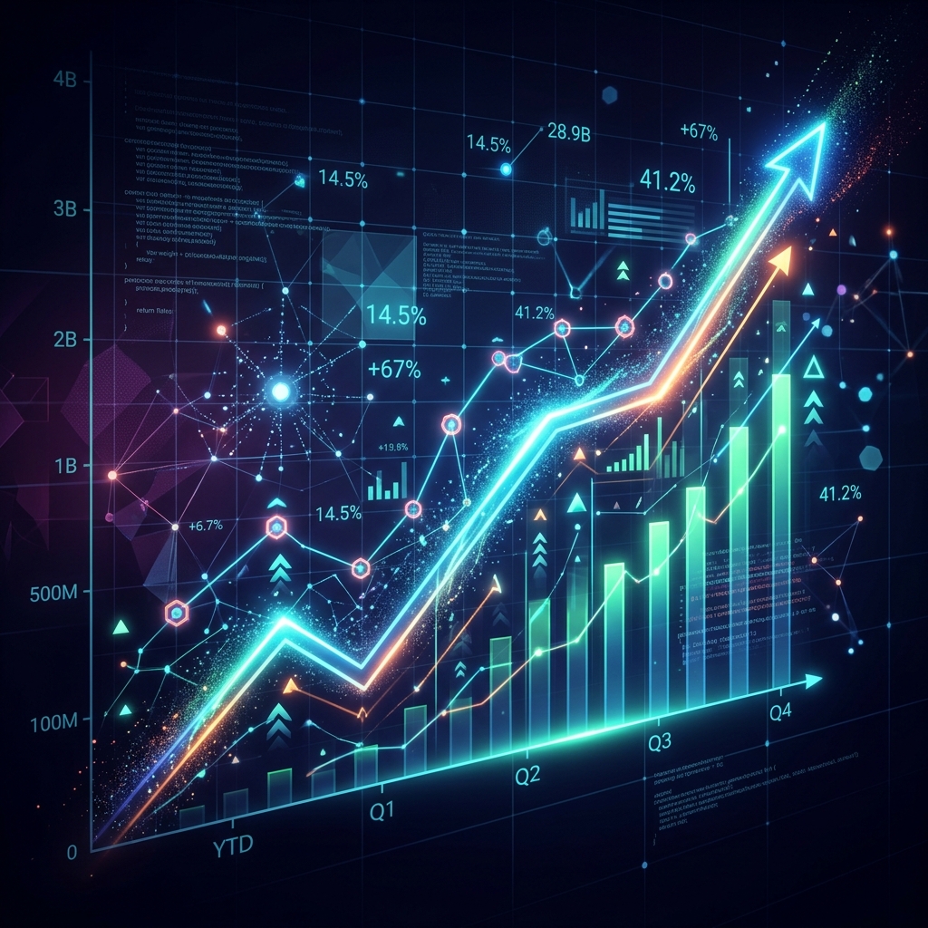 A futuristic digital financial chart displaying upward growth trends, abstract data visualization, dark mode, no people